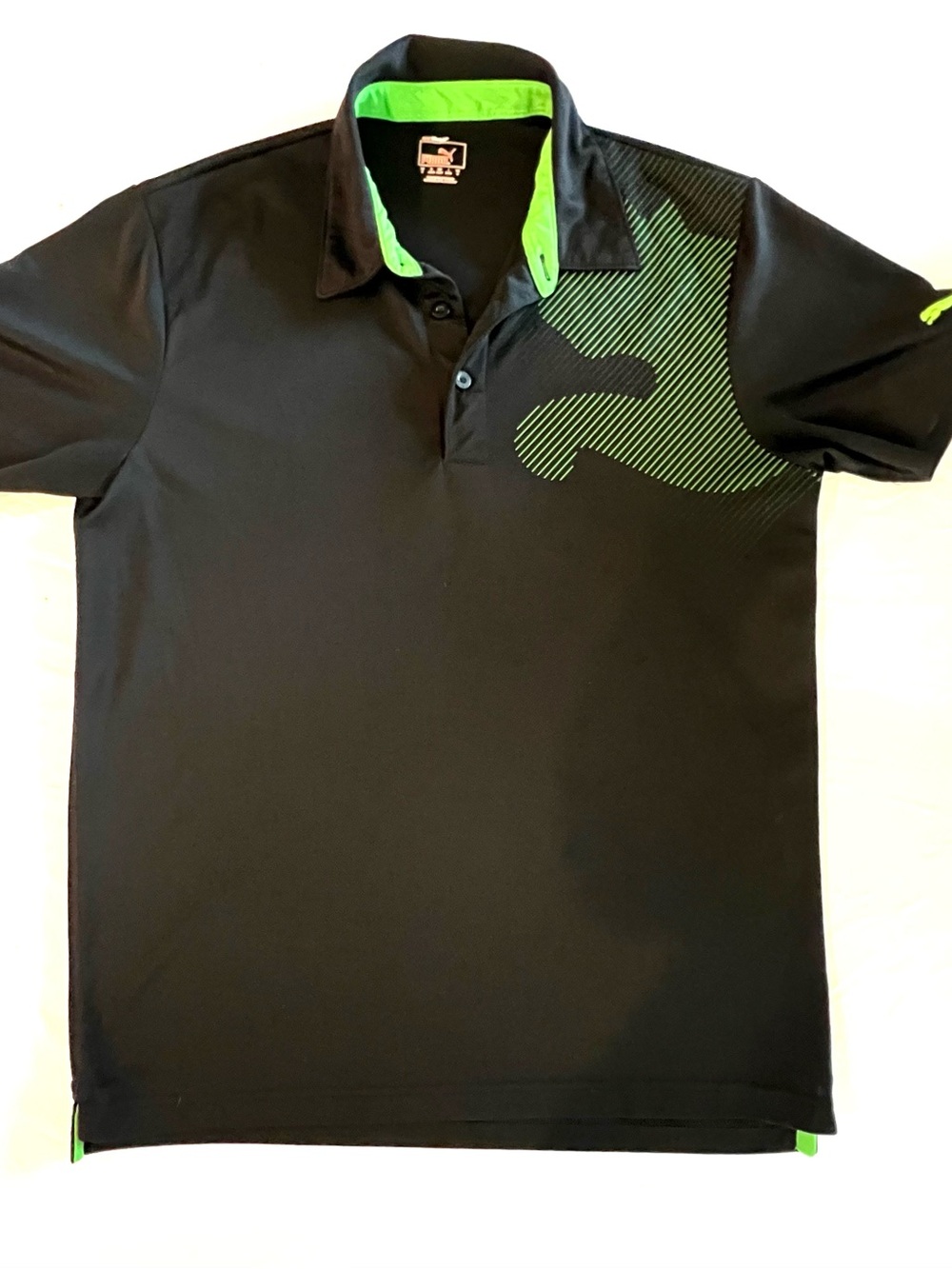 Puma Golf Tech Polo Black Green Graphic Cat Logo Men’s LG